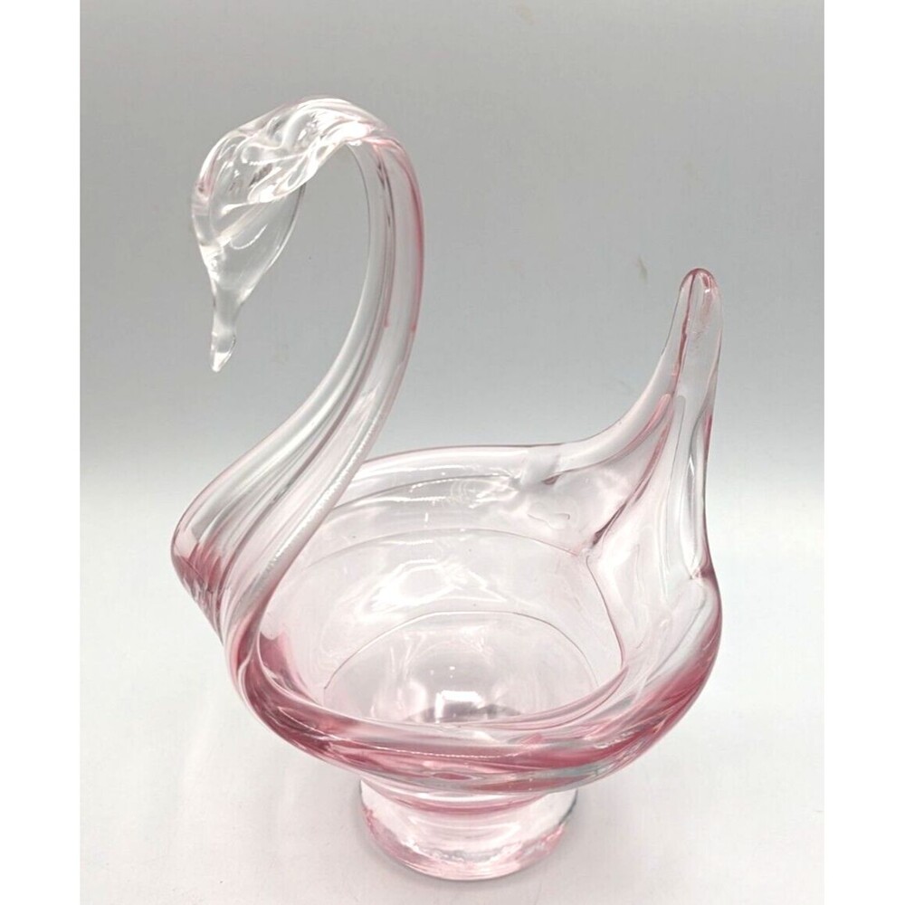 Vintage Art Glass Swan Trinket Dish Pink Candy Bowl Mid Century Figural